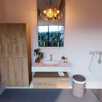 Mondiaz Alan DLux badmeubel 90cm washed oak 1 lade met wastafel opalo midden 1 kraangat