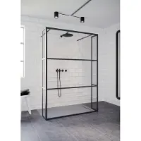Riho Grid GB404 Inloopdouche Vrijstaand 140cm Met Zijwanden 30cm Mat Zwart Profiel - Veiligheidsglas - Douche, Douchewanden, Inloopdouche, Vaste Wand Met Zijwand - 8714148593585