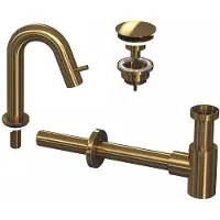 Ink Kranen Combiset 4A Fonteinkraan Staand Gebogen Laag Met Always Open Plug En Sifon Brushed Mat Goud - Kranen - Fonteinkranen - Opbouw
