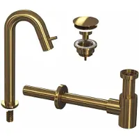 Ink Kranen Combiset 5A Fonteinkraan Staand Gebogen Hoog Met Always Open Plug En Sifon Brushed Mat Goud - Kranen, Fonteinkranen, Opbouw Fonteinkranen