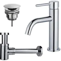 FortiFura Calvi Slim Wastafelkraanset - lage wastafelkraan - always open plug - verlaagde design sifon - Chroom SW377812/SW696209/SW696219