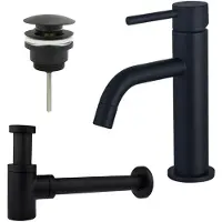 FortiFura Calvi Slim Wastafelkraanset - lage wastafelkraan - klikwaste plug - verlaagde design sifon - Mat zwart SW377835/SW696199/SW696215