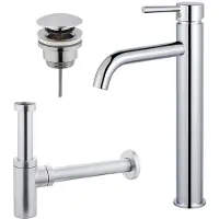 FortiFura Calvi Wastafelkraanset - verhoogde wastafelkraan - klikwaste plug - design sifon - Chroom SW377811/SW696203/SW696214
