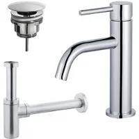 FortiFura Calvi Slim Wastafelkraanset - lage wastafelkraan - always open plug - design sifon - Chroom SW377812/SW696209/SW696214