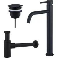 FortiFura Calvi Slim Wastafelkraanset - verhoogde wastafelkraan - always open plug - design sifon - Mat zwart SW377836/SW696205/SW696210