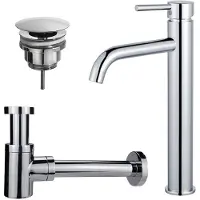 FortiFura Calvi Wastafelkraanset - verhoogde wastafelkraan - always open plug - verlaagde design sifon - Chroom SW377811/SW696209/SW696219