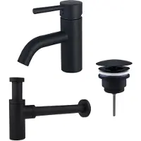 FortiFura Calvi Wastafelkraanset - lage wastafelkraan - always open plug - design sifon - Mat zwart SW377833/SW696205/SW696210