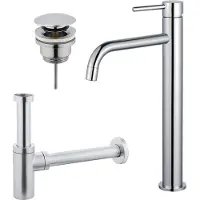 FortiFura Calvi Slim Wastafelkraanset - verhoogde wastafelkraan - klikwaste plug - design sifon - Chroom SW377813/SW696203/SW696209/SW696214
