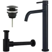 FortiFura Calvi Slim Wastafelkraanset - verhoogde wastafelkraan - klikwaste plug - verlaagde design sifon - Mat zwart SW377836/SW696199/SW696215