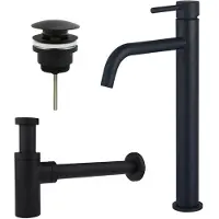 FortiFura Calvi Slim Wastafelkraanset - verhoogde wastafelkraan - klikwaste plug - design sifon - Mat zwart SW377836/SW696199/SW696210