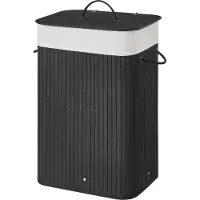 Acaza Wasmand Met Deksel - 72 L - Bamboe - Wasbare Katoenen Waszak - Handvatten - 40 x 30 x 60 cm - Zwart