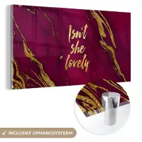 MuchoWow Glasschilderij 160x80 cm - Schilderij acrylglas - Lovely - Goud - Roze - Marmer - Foto op glas - Schilderijen