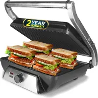 Royalty Line SL107A Contactgrill - Panini Grill - Zwevende Bovenplaat - 30 x 24cm - Grill Apparaat Met Antiaanbaklaag - 2000W - Instelbare Temperatuur - Zwart/RVS