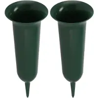 DK Design Grafvaas kunststof - 2x - groen - H32 cm - grafdecoratie - bloemenvaas voor herdenkingsplaats/kerkhof - Vazen