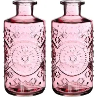 Ideas 4 Seasons Ideas4seasons Bloemenvaas/flesvaas Berlin - 2x - met motief - helder glas - lichtroze - D9 x H21 cm - Vazen