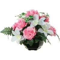 Louis Maes Kunstbloemen plantje in pot - kleuren roze/wit - 25 cm - Bloemstuk ornament - orchidee/rozen met bladgroen -
