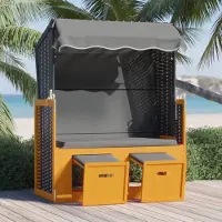 The Living Store Strandstoel met luifel poly rattan en hout zwart en antraciet - Strandstoel - Lounge Chair - Ligbed - Tuinset - Buitendecor
