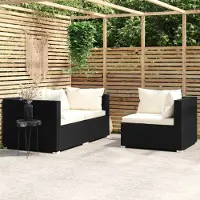 The Living Store Tuinset - Loungeset - 3-delige Loungeset met kussens poly rattan zwart - Lounge Bank - Buitendinerset - Ratan Meubilair