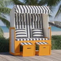 The Living Store Strandstoel Poly Rattan - 115 x 55 x 133 / 151 / 156 cm - Verstelbare Rugleuning - Luifel - Uitschuifbare Voetensteun - Wit en Blauw