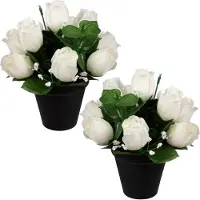 Louis Maes Kunstbloemen klein boeketje rozen in pot - 2x - wit - H25 cm - Bloemstuk - Bladgroen
