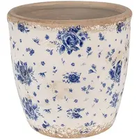 Clayre & Eef Bloempot Ø 16x16 cm Beige Blauw Keramiek Roosjes Bloempot Binnen Beige Bloempot Binnen
