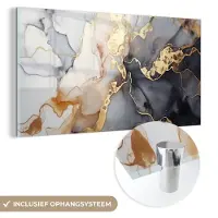 MuchoWow Glasschilderij 40x20 cm - Schilderij acrylglas - Marmer - Zwart - Goud - Wit - Foto op glas - Schilderijen