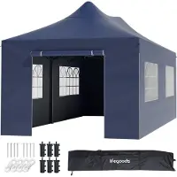 LifeGoods Partytent - Paviljoen - EasyUp - Opvouwbaar - 4 Zijwanden - Waterdicht - Met Draagtas met wieltjes - 300 x 600 cm - Donkerblauw