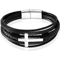 Mendes Jewelry Roestvrijstalen en Echt Lederen Heren Armband met Groot Kruis in Zwart en Zilver-21cm