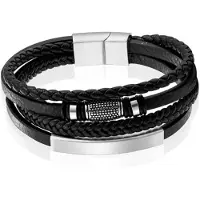 Mendes Jewelry Heren Armband van Roestvrijstaal en Echt Leder - Stijlvol Zwart met Zilveren Elementen-23cm