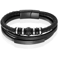 Mendes Jewelry Heren Armband - Zwart Leder met Zilveren Bedels en Zwarte Sluiting-21cm