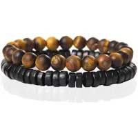 Memphis Stacked Armband - Hout & Matte Tiger Eye-19cm