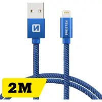 Swissten Lange Lightning Oplaadkabel 2 meter – voor iPhone & iPad – Gevlochten Nylon USB-A Kabel – Blauw