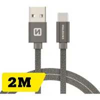 Swissten USB-C naar USB-A Oplaadkabel - Extra Lang 2M - Gevlochten - Snellaadkabel & Datakabel - Grijs