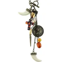 Behave - Lange antiek goudkleurige ketting met munt, tand, kruisje en bruine kralen - 76 cm
