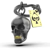Metalmorphose sleutelhanger zwarte schedel met speelkaart - Zwart / Metaal