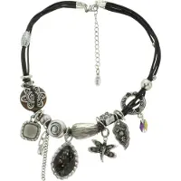 Behave - Korte ketting met leder koord en metalen hangers - Zilverkleur-zwart - 41 cm