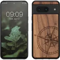Kwmobile telefoonhoesje geschikt voorGoogle Pixel 8 - Hoesje met bumper - hout - In donkerbruin Vintage Kompas design