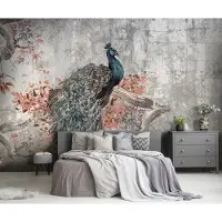 Fotobehang - Pauw - Vogel - Takken - Bladeren - Abstracte Achtergrond - Vliesbehang - 208 x 146 cm