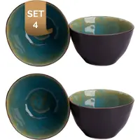 Palmer - Schaal - Kom - Lotus - 1 L - 15 cm - Turquoise/Zwart - Stoneware - Bordenset - 4 stuks
