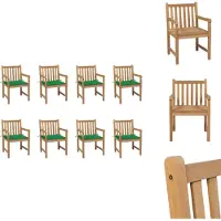 vidaXL Tuinstoel - Tuinstoelen - Buitenstoel - Buitenstoelen - Tuinstoelen 8 st met groene kussens massief teakhout