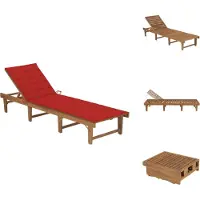 vidaXL Ligstoel Acaciahout - 200 x 61 x 30/86 cm - Rood kussen - Ligbed