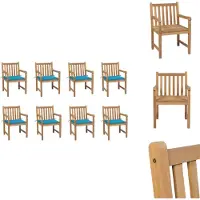 vidaXL Tuinstoel - Tuinstoelen - Buitenstoel - Buitenstoelen - Tuinstoelen 8 st met blauwe kussens massief teakhout