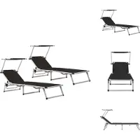 vidaXL Zonnebed - Zonnebedden - Ligstoel - Ligstoelen - Ligbedden inklapbaar met dak 2 st aluminium en textileen zwart