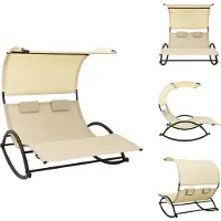 vidaXL Zonnebed - Zonnebedden - Ligstoel - Ligstoelen - Ligbed tweepersoons met luifel textileen crèmekleurig