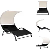 vidaXL Ligbed Tweepersoons - Met Luifel - Textileen - Zwart Tweepersoons Ligbed - Lounge Bed - Zonnebed - Tuinset - Buitendecor