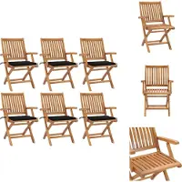 vidaXL Tuinstoelenset - Teakhout - 6 stuks - Zwart kussen - Inklapbaar - Tuinstoel