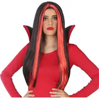 Bigbuy Heksenpruik lang haar - zwart/rood - dames - Halloween - Duivel - Vampier