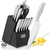 Infinity Goods Messenset - Messenblok - 16 Delig - Met Blok, Messenslijper En Schaar - Krasbestendig - RVS - Zilver/Zwart