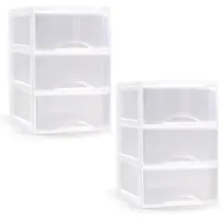 PlasticForte ladeblokje/bureau organizer - 2x stuks - 3 lades - transparant/wit - L18 x B25 x H25 cm