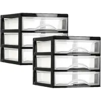 PlasticForte ladeblokje - bureau organizer - 2x - met 3 lades - transparant/zwart - L18 x B21 x H17 cm - kunststof